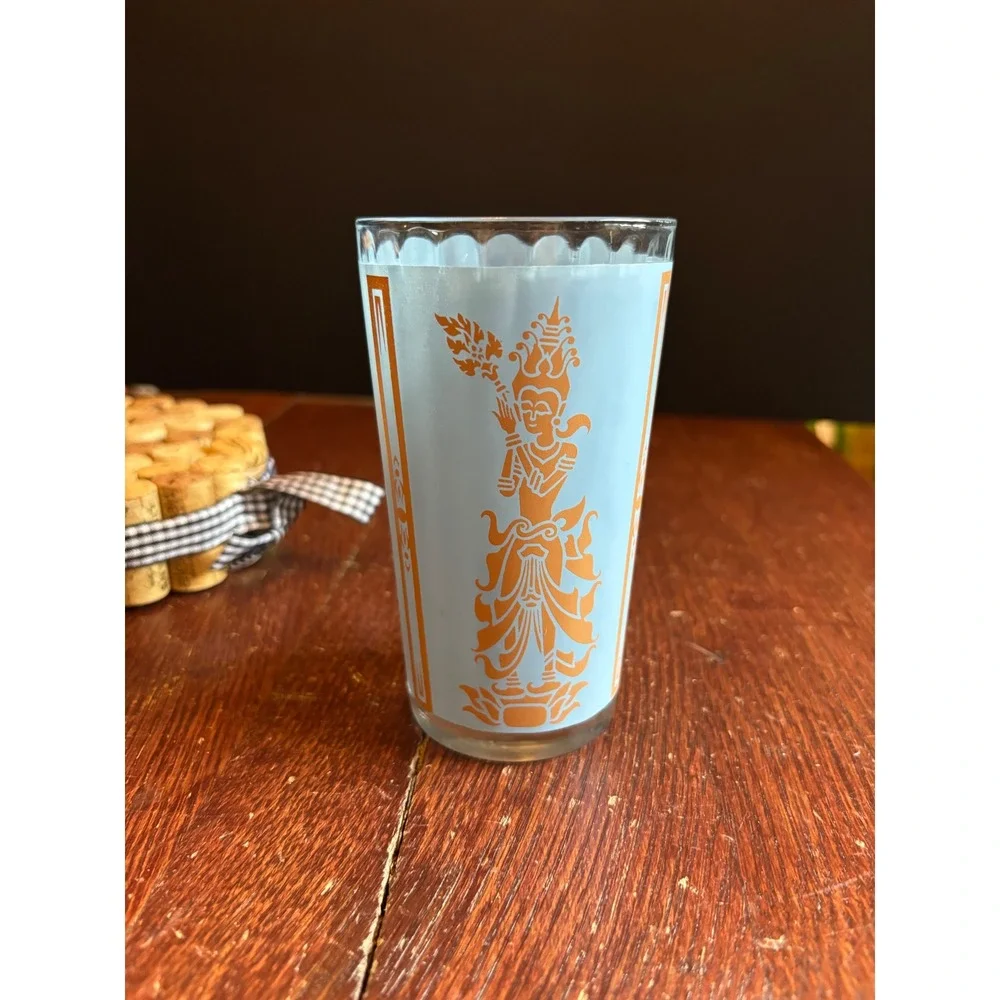 Vintage MCM Thai Goddess Apsara Frosted Blue Orange Highball Tumbler Glass 5in